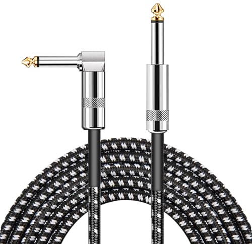 Cable para Instrumento 3 Metros, Cable de Guitarra TS 6,35 mm para Guitarra Eléctrica, Cable Jack Trenzado Cable Amplificador 6,35 mm, Cable Audio Ángulo Recto a Recto, Negro Blanco
