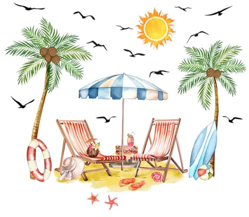 iMagitek Stickers muraux d'été motif palmiers, oiseaux, soleil, plantes tropicales, chaises de plage, décorations murales