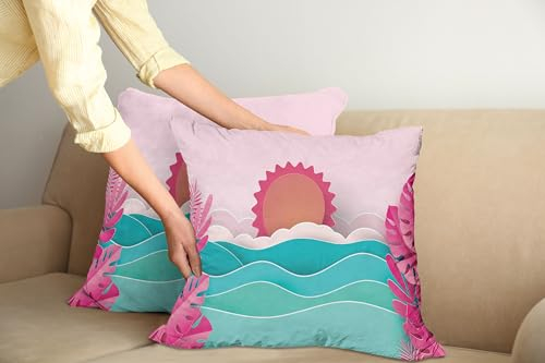 ABAKUHAUS Sommer Kissenbezug 2er-Pack, Holiday Sun Hinter dem Ozean Exotische Monstera Leaves Strand Coastal Charm, 90 x 40 cm, Magenta Turquoise Rose