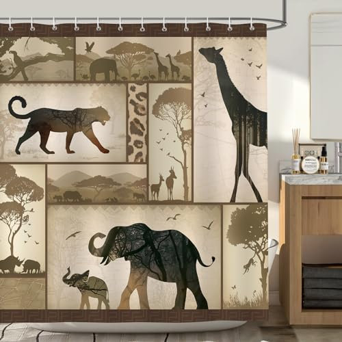 Bonhause Rideau de Douche Animaux d'Afrique Jungle Léopard - Tissu Polyester Anti Moisissure Imperméable Lavable pour Salle de Bain - 180 x 180 cm avec 12 Crochets pour Baignoire