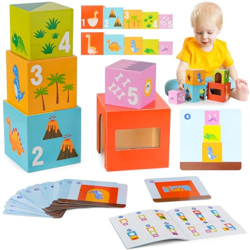 sacemontic Baby Stapelturm und Stapelwürfel, Montessori Spielzeug für Kinder ab 1 2 3 Jahr, Hölzerne Farbe übereinstimmende Puzzle Spielzeug Geschenke für 1 2 3 4 + Jahre alte Kinder