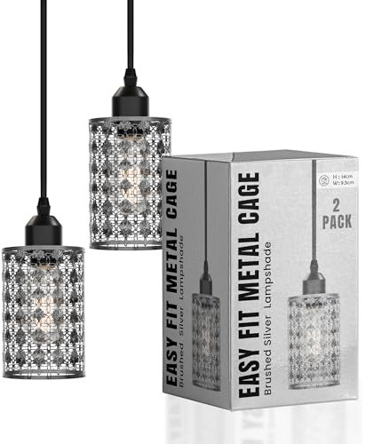 2 Pack of Industrial Style Brushed Silver Metal Cage Lampshade – Easy Fit Wire Cage Light Shade for Indoor Pendant Lights for Dining Room, Bedroom, Loft, and Hallway (Brushed Silver 2 Pack)