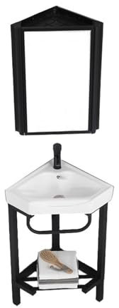 Lavabo de Salle Lavabo de salle de bain d'angle avec support de rangement en acier inoxydable, lavabo triangulaire en céramique, lavabo autoportant avec robinet, drain et miroir Lavabo de Salle(D,47CM