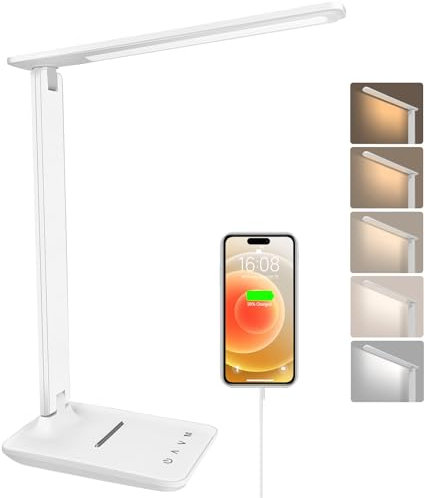 joyshie Lampe de Bureau LED, Pliable Lampe de Chevet Dimmable avec 5 Modes de Couleur et 5 Niveaux de Luminosité, Port de Charge USB, Pour Lecture Travail (Blanc)
