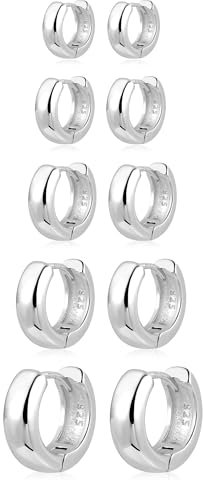 Silber 925 Ohrringe Set für Damen, 5 Paar Kleine Dickes Creolen Set Hypoallergen Kleine Klobige Creolen Ohrringe Set Kleine Huggie Creolen Ohrringe Set Damen Mädchen für Mehrere Piercings