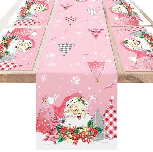 DPKOW Rosa Weihnachts Tischläufer Platzsets, rosa Weihnachtstisch Deko Weihnachtsmann Tischläufer Weihnachten Tischsets Platzdeckchen, Rosa Weihnachten Tischdecke, Weihnachten Esstischdeko Heimdeko