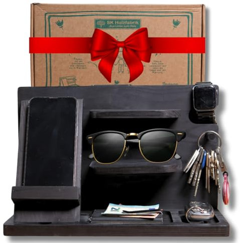 PEGSEN Nachttisch Organizer in Schwarz mit Handyhalterung - Aufbewahrung & Organisation - Schreibtisch Organizer für Büro - Taschenleerer - Dockingstation aus Holz