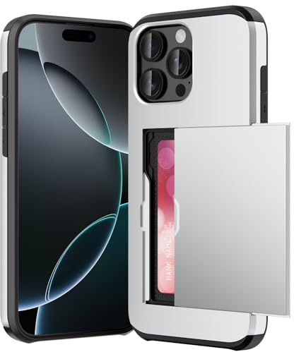 ACOCOBUY for iPhone 16 Pro Max Case with Card Holder Sliding Cover Silver