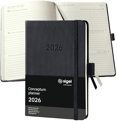 SIGEL C2613 Wochenplaner Wochenkalender 2026, ca. A6, schwarz, Hardcover, 176 Seiten, Gummiband, Stiftschlaufe, Archivtasche, aus nachhaltigem Papier, Kalenderbuch Conceptum