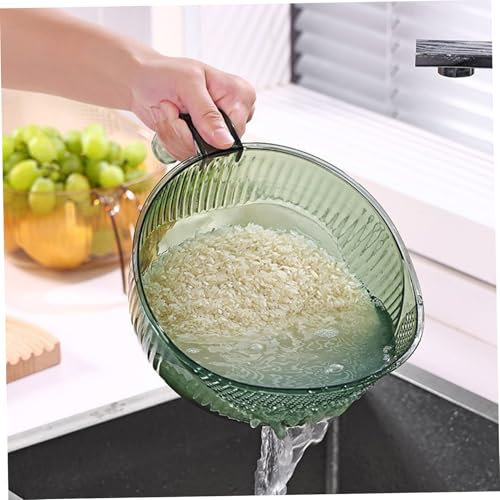 Rice Strainer, 9x5inch Plastic Rice Washer Strainer Bowl with Handle, Multifunctional Fruit Washing Bowl, Rice Cleaner Strainer for Cleaning Fruits, Vegetables (Green)