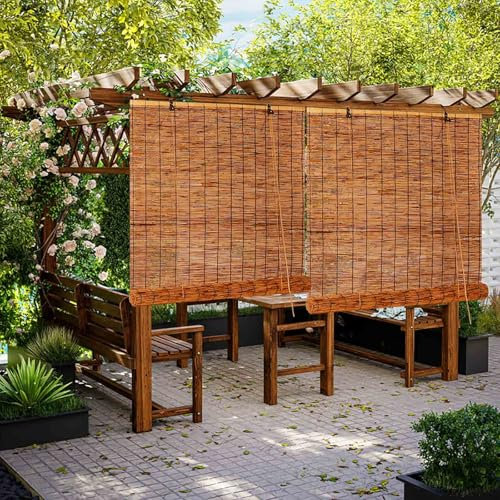 Bambusrollo Sonnenschutz Sichtschutz Bambus Rollos Outdoor Wetterfest 55 70 100 120 130 140 150 160 175cm Breit Raffrollos Schilfrohrvorhang Für Terrasse Veranda (Brown)
