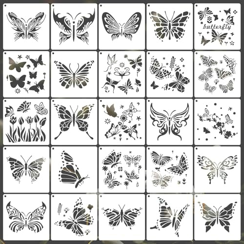 Ktxaby Lot de 25 pochoirs en forme de papillon réutilisables pour peinture sur bois, mur, porte, toile, décoration d'intérieur - 15,2 x 15,2 cm