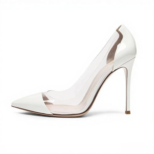 EDEFS Women's Slip On Pumps 4 Inch High Heel Stiletto with Pointed Toe Clear PVC Straps & Patent Leather Work to Wedding Party White UK5