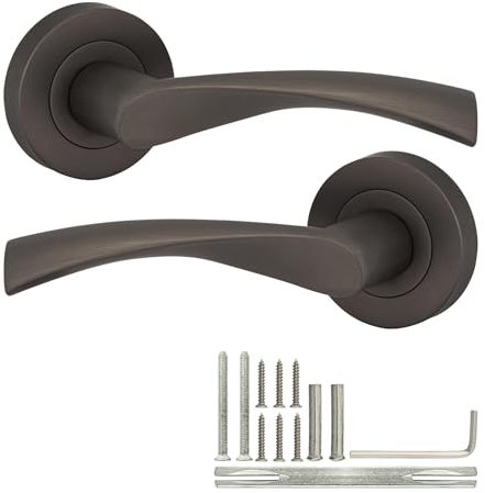 XFORT Warped Lever on Rose Door Handles, Internal Door Handle Sets for Interior Wooden Doors, Twisted Lever Latch Door Handle, Interior Door Handles for Home & Office – Gun Metal Grey