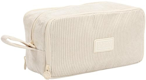 Bafiwu Mäppchen Federmappe, Großes Cord Stiftemäppchen mit 3 Fächern Federtasche Mädchen Jungen Pencil Case Schulmäppchen für Schule Büro (Creme)