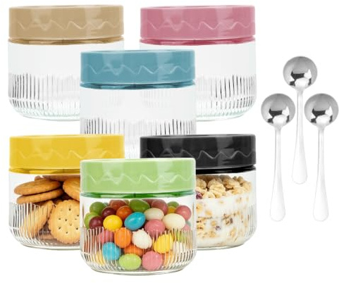 STNRST-IN 6 Piezas Tarros de Cristal con Tapa, 250ml Overnight Oats Jar | Reutilizables Mason Jar Botes y 3 Cucharas de Acero Inoxidable para el Almacenamiento de Yogur, Ensaladas y Mermeladas