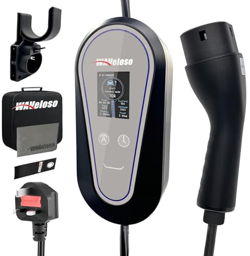 Waveloso 3 Pin EV Charger 10M Type 2 Charging Cable 3 Pin Plug for EV/PHEV | LCD Screen, 6–10A Adjustable, 2.4KW,1–12h Delay Timer, Type A RCD 30mA AC + 6mA DC, Plug & Play, IP65, with Holder, Bag