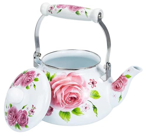 Hervidor Vintage de Esmalte con Estampado Floral de Rosas, Tetera para Estufa, 2,5 l