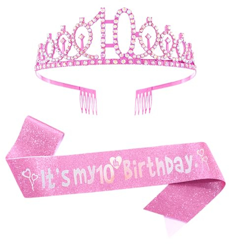 10.Geburtstagskrone und Schärpe,Rosa Geburtstag Kristall Tiara Krone Schärpe Set,Mädchen Rosa Birthday Crown Schultergurt,10.Mädchen Geburtstag Party Dekoratione Accessoires Birthday Geschenke