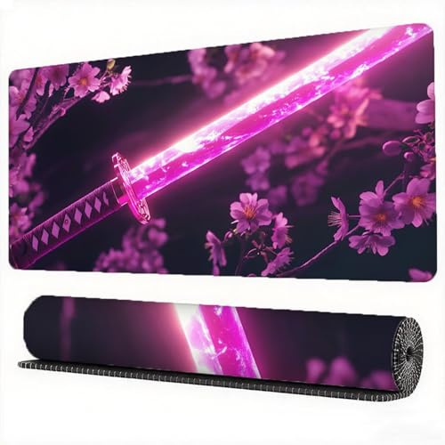 Kirschblüten Mauspad XXL 700 x 400 mm Gaming Mousepad Schwert Mauspad, Vernähte Kanten mit Rutschfeste Gummiunterseite, Mouse Pad Verbessert Mouse Präzision und Geschwindigkeit für PC, Laptop,Model671