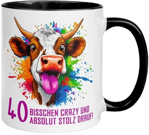 40 Geburtstag Frau Mann Geschenk Tasse | Bisschen crazy und absolut stolz drauf – Kuh | Lustige Geschenk Geburtstagstasse mit Spruch 40. Geburtstag | 40ter Geburtstag - Witziges Geburtstagsgeschenk