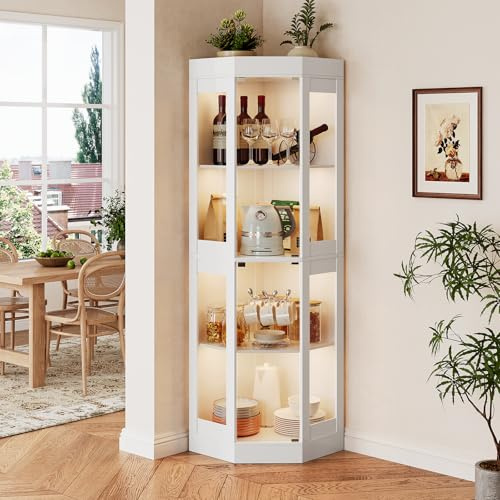 SVEYLXA 178cm Eck-Glasvitrine mit LED Beleuchtung, Eckvitrine, 4-Lagen Vitrinenschrank Weiß Glasvitrine Staubdicht mit grifflosem Design für Küche, ESS-und Wohnzimmer, Weiß