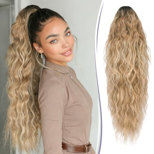 RUWISS Pferdeschwanz mit Klammer 76 cm Lange Wellig Lockig Pferdeschwanz Haarteil Synthetik Gewellt Claw Clip in Ponytail Extension für Damen, Ombre Blond Mix Braun