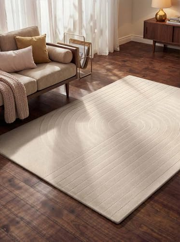 vikosa Arcura - Handgetufteter Wollteppich, Natur Wohnzimmerteppich, Hoch-Tief-Effekt, moderner 3D-Effekt, weich mit geometrischen lineare Design für Wohnzimmer, Schlafzimmer - Creme, 120x180cm