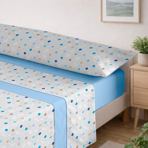 MERCURY TEXTIL- Juego de sábanas de Verano (Rombos Azul, Cama 90) | Entretiempo, Estampadas, Ropa de Cama Juego de 3 Piezas, 100% Microfibra. Modernas, Tacto Fino y Suave