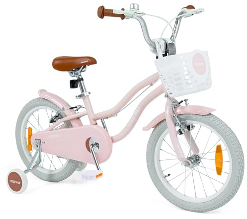 COSTWAY Kinderfahrrad mit Korb & Klingel, 14/16 Zoll Mädchenfahrrad mit höhenverstellbarem Sattel & Lenker, Fahrrad mit Doppelbremsen, abnehmbaren Stützrädern für 3-7 Jahren Mädchen