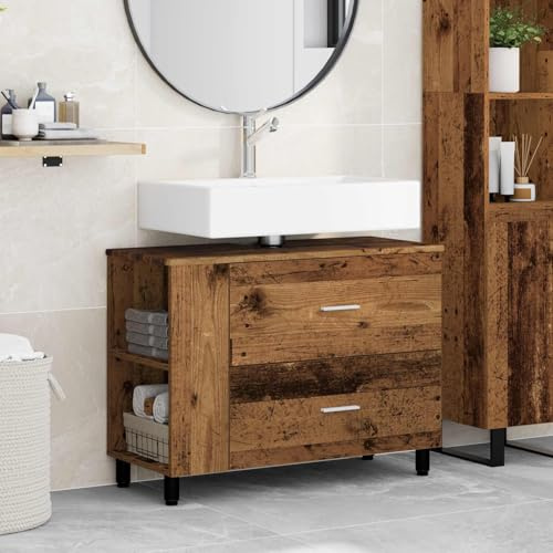 LoogCape Mobile sottolavabo in legno anticato, 80 x 35 x 60 cm, 2 cassetti e 1 ripiano, salvaspazio per mobili da bagno, per riporre oggetti sul lavandino