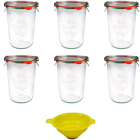 Viva #15124 Haushaltswaren - 6 x großes Weckglas/Einmachglas 750 ml mit Deckel in Sturzform, leeres Rundrandglas zum Einkochen - als Marmeladenglas, Dessertglas (inkl. Klammern, Ringen & Trichter)