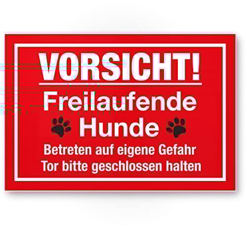 Komma Security Vorsicht freilaufende Hunde - Hunde Schild Hinweisschild Gartentor Gartenzaun - Türschild Haustüre Warnschild Abschreckung Einbruchschutz - Tor geschlossen halten