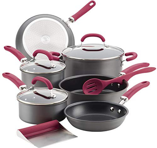Rachael Ray Create Delicious Hard Anodized Nonstick Cookware Pots and Pans Set, 11 Piece, Gray with Burgundy Handles