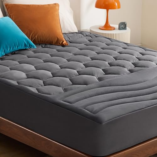 Bedsure RV Short Queen Mattress Pad Cover - Quilted Fitted Mattress Topper Protector with 8-21 Inches Deep Pocket, Noiseless Bed Cover Padded for Camper and Motorhome, Grey, 60x75 Inches