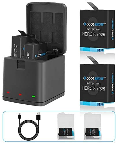 Coolshow Hero 8 7 6 5 Batteria 1220 mAh (2 confezioni) e caricabatterie Triple Hero 8 compatibile con GoPro Hero 8 7 6 5 2018 nero (2 batterie e 1 caricabatterie)