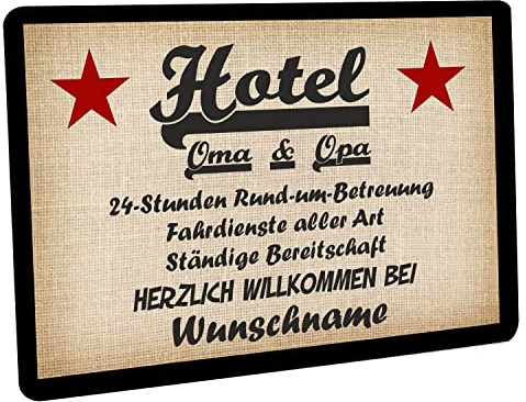 Crealuxe Fussmatte Herzlich Willkommen (Wunschname/Wunschtext) Hotel Oma & Opa - 60x40 cm - Gummi Rückseite/rutschfest - Filzoberfläche - Bedruckte Türmatte - Innenmatte - Schmutzmatte
