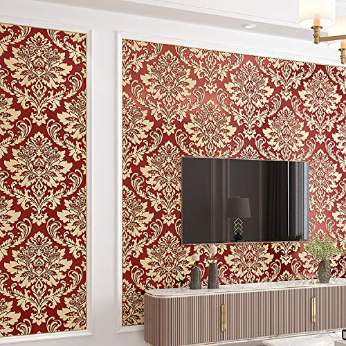 Prior.choice 9.5X0.53M Luxury Damask 6 Colors Luxury Embossed Flock Textured Non-Woven Wallpaper Roll for Bedroom Livingroom 1.73' W x 31.2' L=5.035㎡ (54sq.ft) (Burgundy)