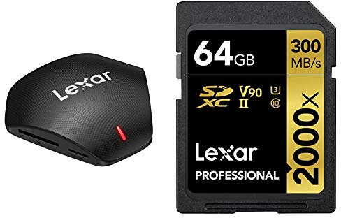 Lexar Lector Professional Multi-Card 3 en 1 USB 3.1 + Tarjeta Professional 2000x 64GB SDXC UHS-II sin Lector, hasta 300MB/s de Lectura