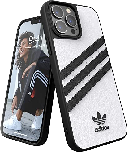 adidas Hülle für iPhone 13 Pro Max 6.7, sturzsicheres Gehäuse, erhöhte Kanten, original geformtes Gehäuse, weiß und schwarz