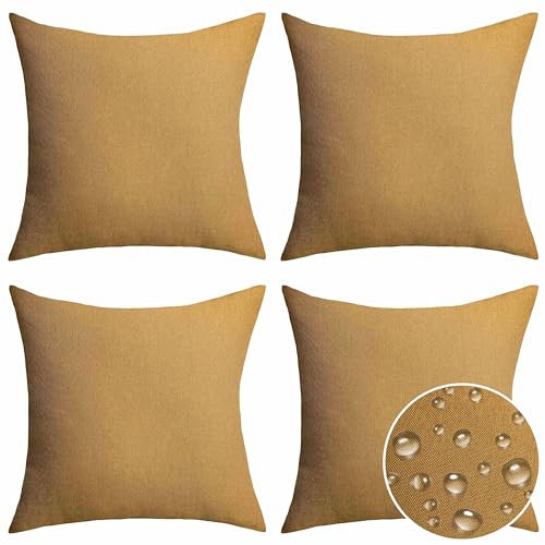 Home Brilliant Mustard Yellow Outdoor Cushion Covers 45 x 45, Decorative Waterproof Square Pillow Covers, Plain Design Burlap Linen Cushions for Bench Couch, 18 inch, 45cm, Taupe