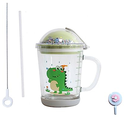 Vaso de paja con pajita, tapa inferior antideslizante y pajita de silicona, para té de jugo de leche, para microondas, (dinosaurio verde, vidrio, 400 ml)