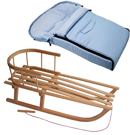 Kombi-Angebot Holz-Schlitten mit Rückenlehne & Zugseil + universaler Winterfußsack (90cm), auch geeignet für Babyschale, Kinderwagen, Buggy, Thermofleece Uni (hellblau + Schlitten)
