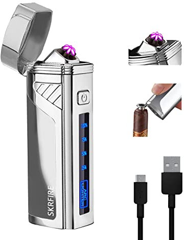 SKRFIRE Elektrisches Plasma-Feuerzeug mit dreifachem Lichtbogen, winddicht, wiederaufladbar, USB, Outdoor-Camping-Feuerzeug mit digitaler Batterieanzeige (Silber)