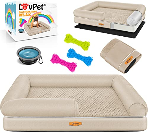 Lovpet® Orthopädisches Hundebett Hundekissen Hundekorb Relax, Inkl. Napf + 3X Kauknochen, Hundesofa für Kleine, Mittelgroße & Große Hunde, Bezug abnehmbar und waschbar, 91x71x22cm Beige