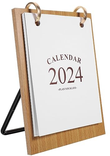Amosfun 2024 Tischkalender Stehend Flip-Kalender Holz-Monatskalender Metallbindung Tischkalender Tagesplaner Für Heimbüro-Dekoration