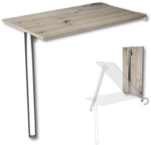 KDR Wandklapptisch 80x50 cm Eiche astig – Klapptisch mit Tischbein in Chrom zur Wandmontage – als Esstisch, Schreibtisch oder Küchentisch – Höhe 74 cm