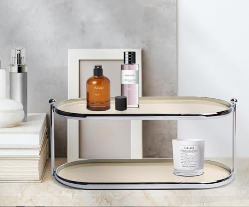 MUSEOWN Parfüm-Organizer mit 2 Etagen in stilvollem und minimalistischem Parfümtablett, elegantes Regal für Hautpflege, Make-up, Schmuck für Kommode, Schminktisch, Badezimmer (cremeweiß)