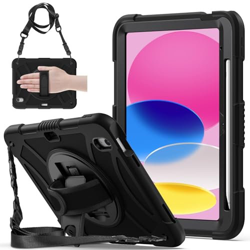 Gerutek Cover per iPad 11/10 Generazione 2025/2022 (11/10,9 Pollici), Custodia Antiurto Robusta con Cavalletto Girevole a 360 Gradi e Cinghia a Mano/Tracolla/Portapenna per iPad 10 Gen Cover, Nero
