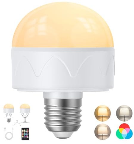 Rechargeable Light Bulbs with Remote, Battery Operated Light Bulb 2200mAh E26 Detachable Charging, Non-Hardwired/Timer/Dimmer/Magnetic 360° Rotation LED Emergency Puck Lamp for Bedroom Bedside